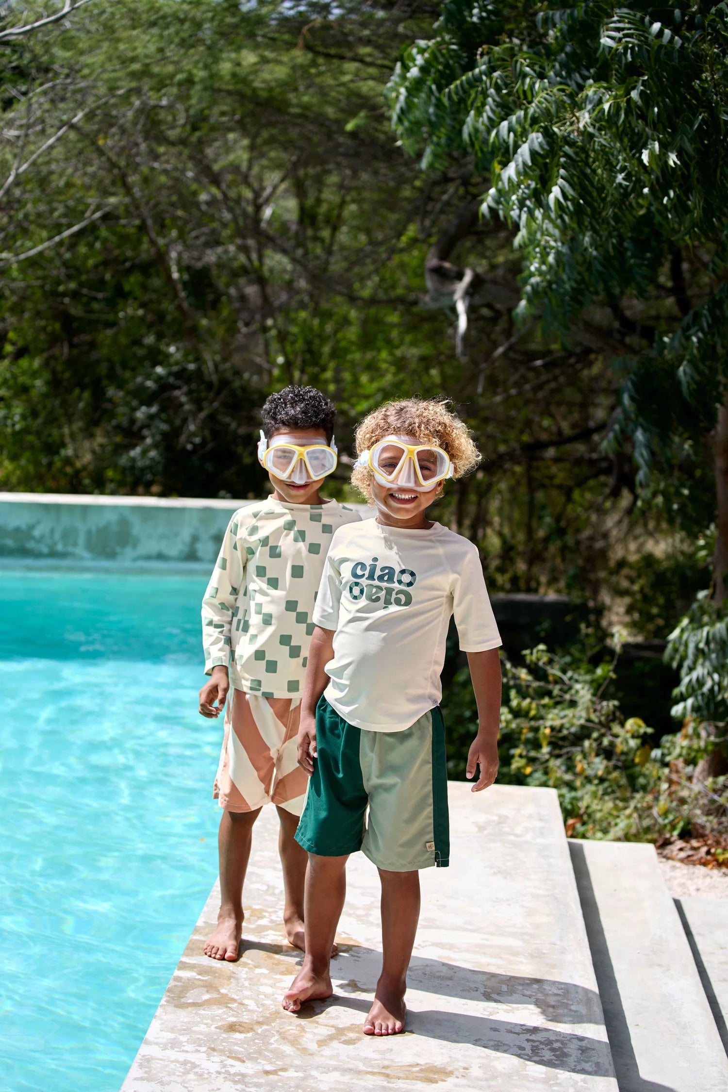 Short de bain anti-UV enfants - Rayures, Marron Blanc