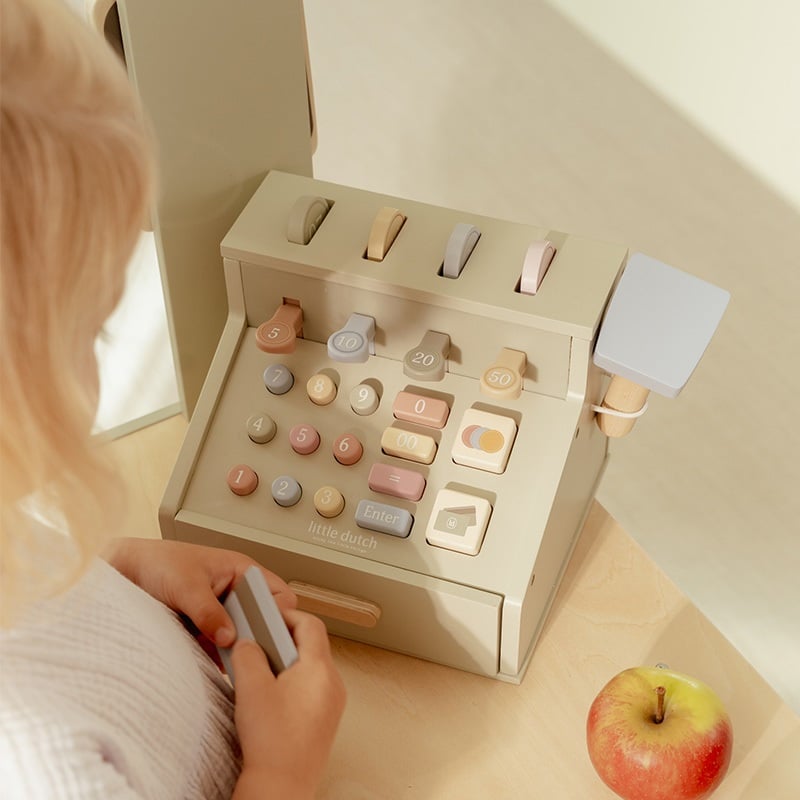 Holzkasse mit Scanner und Kreditkartenlesegerät