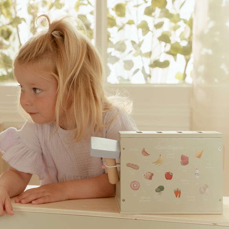 Holzkasse mit Scanner und Kreditkartenlesegerät