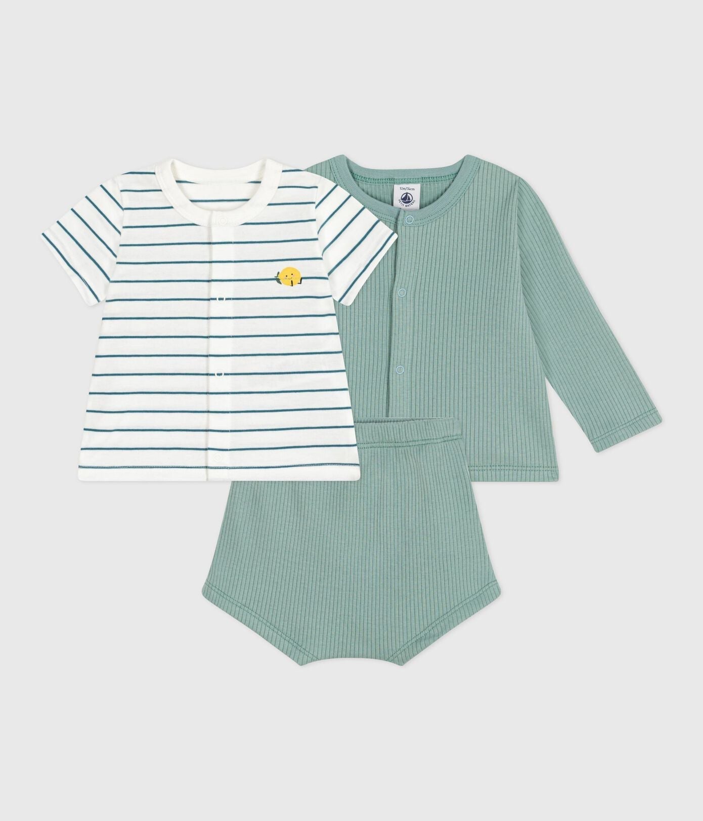Ensemble naissance trois pièces en coton et t-shirt rayé