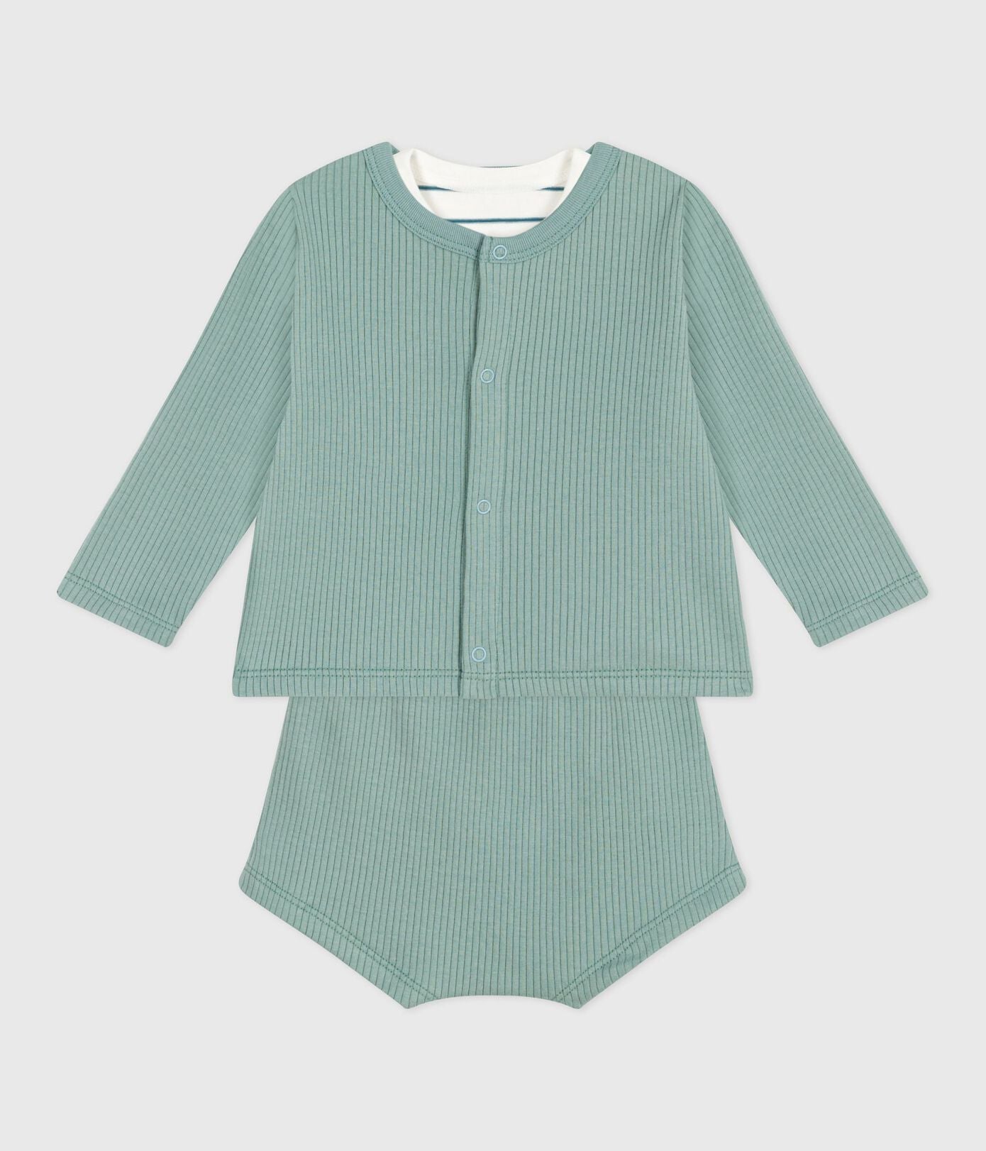 Ensemble naissance trois pièces en coton et t-shirt rayé