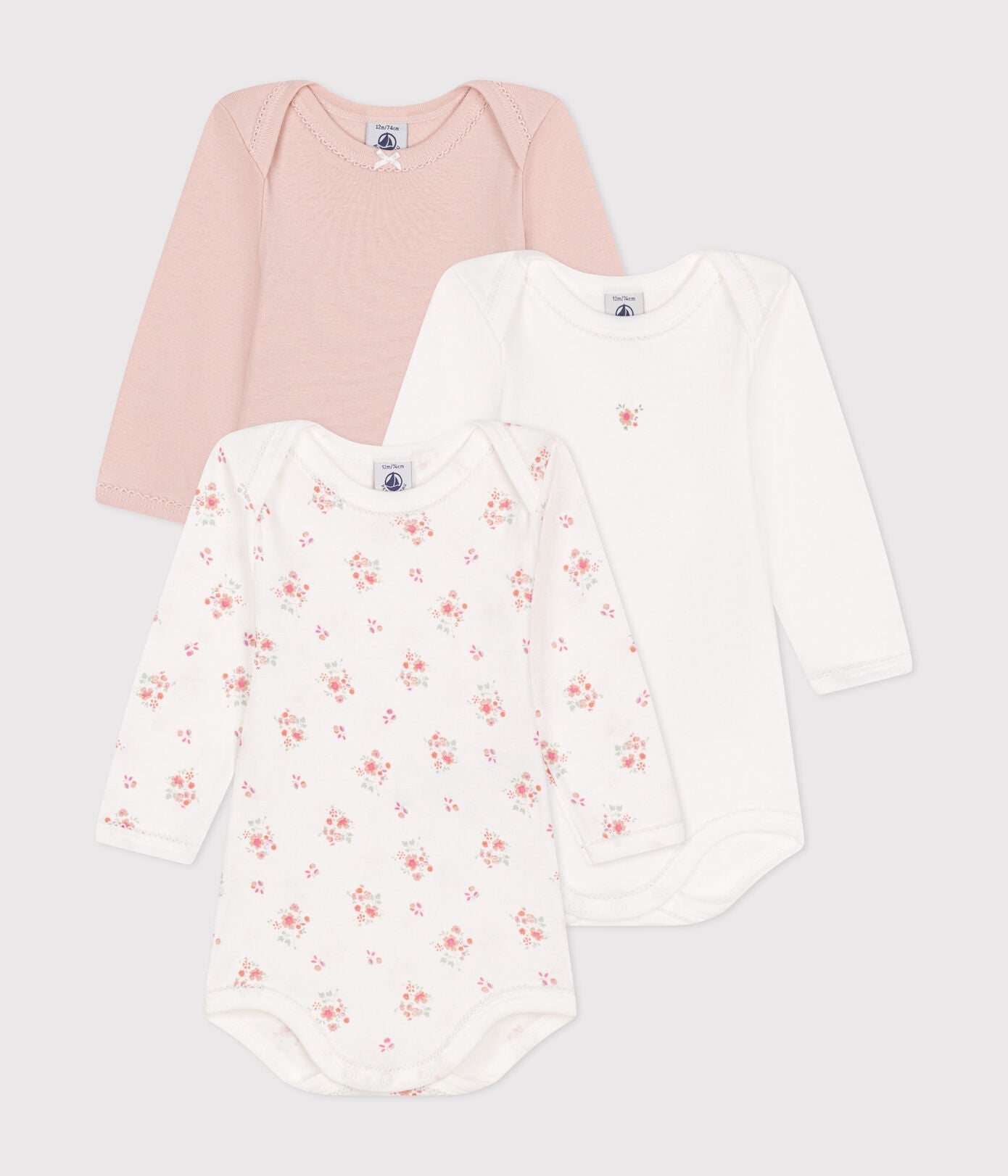 Lot de 3 bodies manches longues fleurs en coton bébé