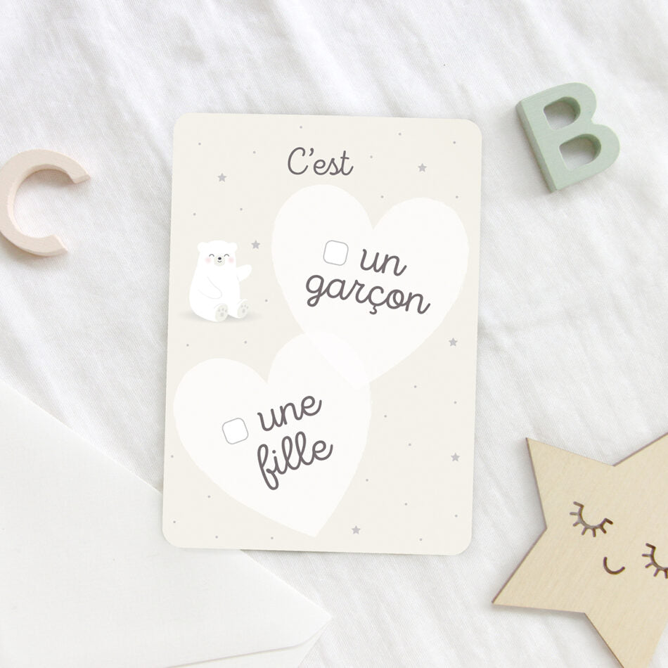 Carte annonce fille ou garçon ours blanc - Papeterie